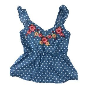 Savanna Jane Denim Chambray Blue Tank with Embroidered Flowers Size L NWOT